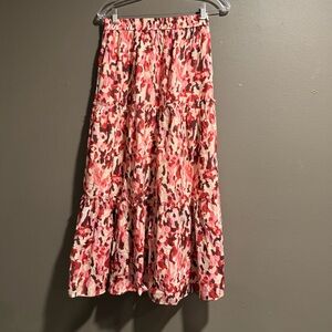 FRNCH Paris Modest Floral 100% Cotton Pink Tiered MIDI Skirt Size Small